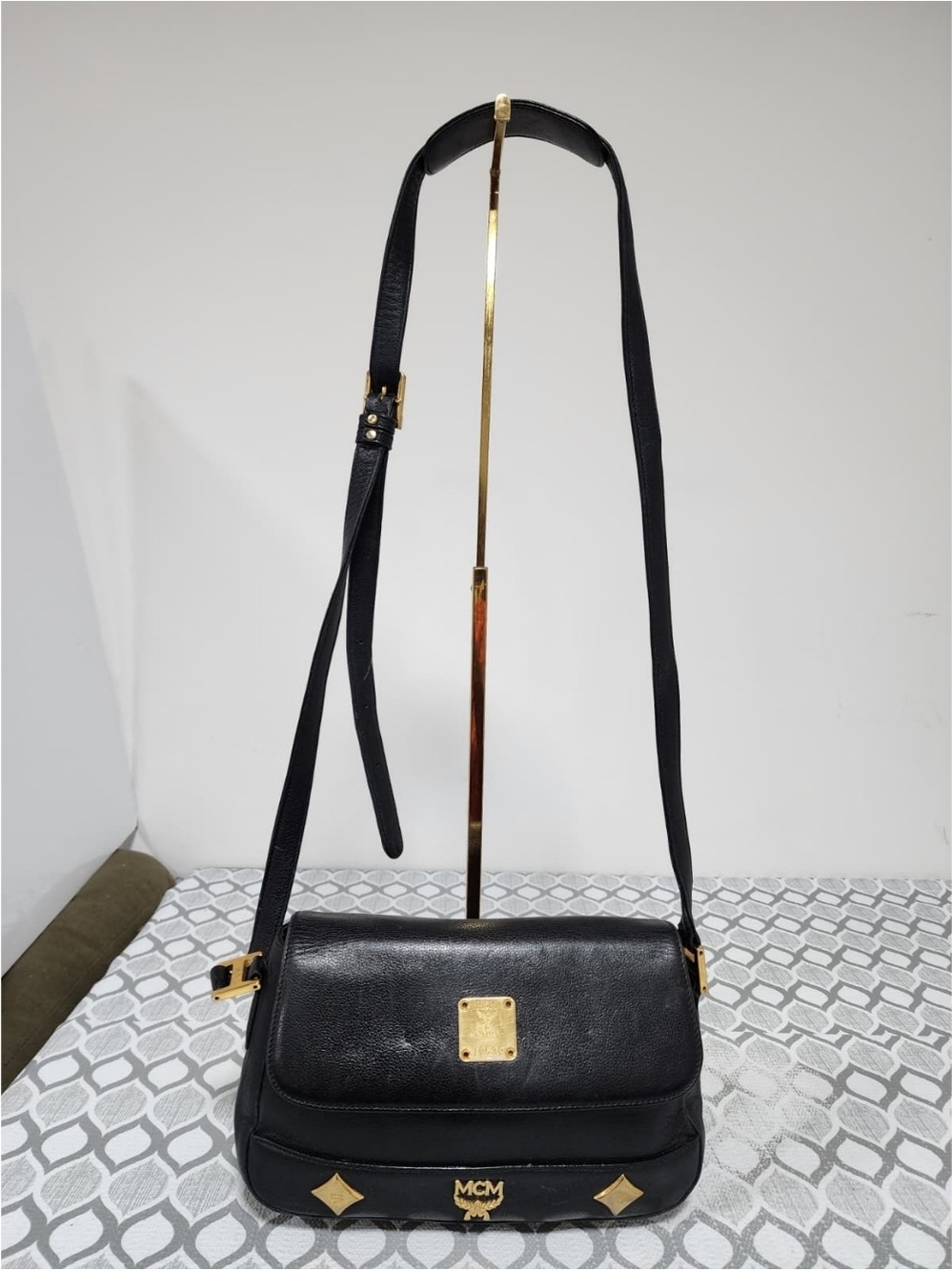 MCM Vintage Leather Studded Crossbody/Shoulder Bag Black